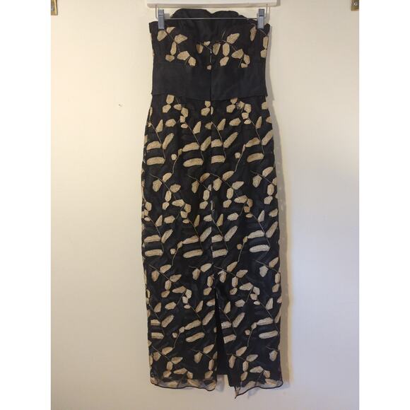 RTR Sz 4 Shoshanna Valerie Black Gold Leaf Strapless Bow Waist Midi Dress - Picture 5 of 9